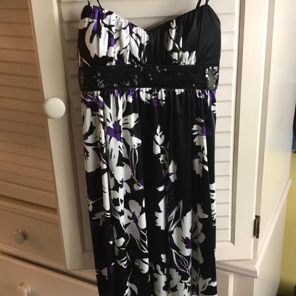 Black dress with purple and white floral print